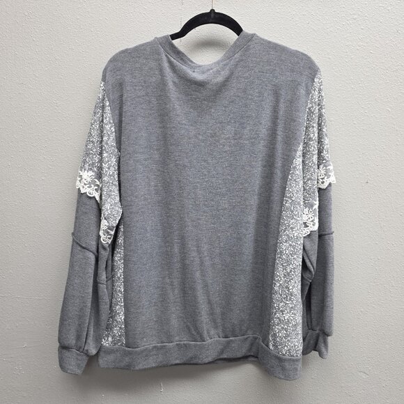 Sugarfox Sweatshirt Womens 1XL Gray Floral Panel Lace Trim Pullover Long Sleeve - Picture 5 of 9